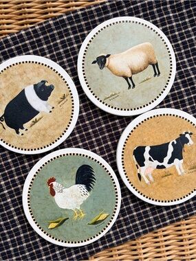 Farm Animals Stone Coasters Counter Art 4 cow rooster pig sheep cork bottom